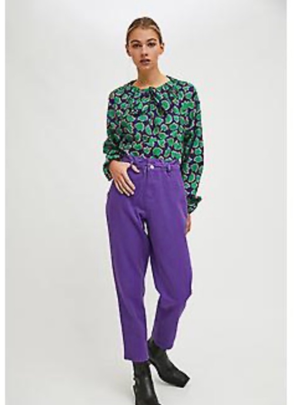 Compania Fantastica S Blouse puff keyhole neck blue green floral tulip print